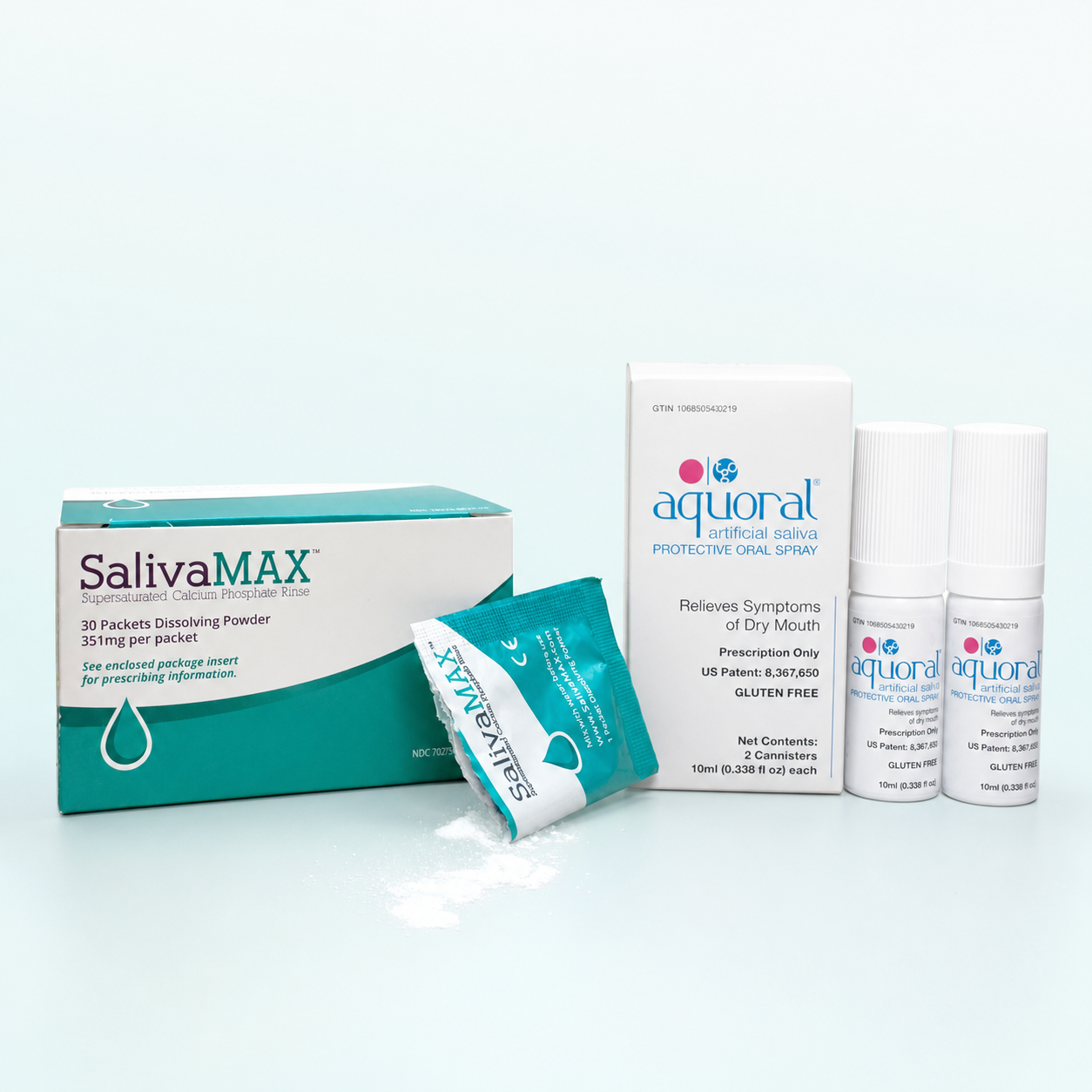 SalivaMAX and Aquoral dry mouth relief set shown together